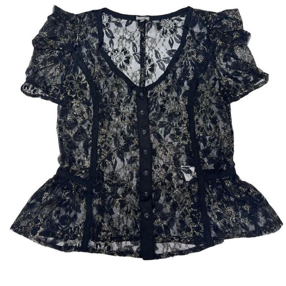Charlotte Russe Lace Top Sheer Black Mesh Gold Thread Puff Sleeves Medium - Picture 4 of 15
